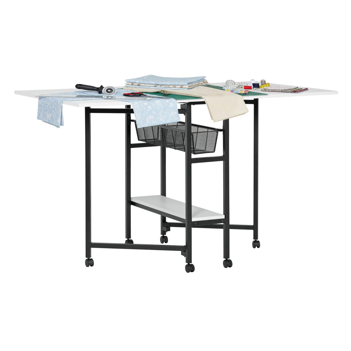 Sew Ready Mesa de pie plegable para manualidades y corte con ruedas, plata/blanco