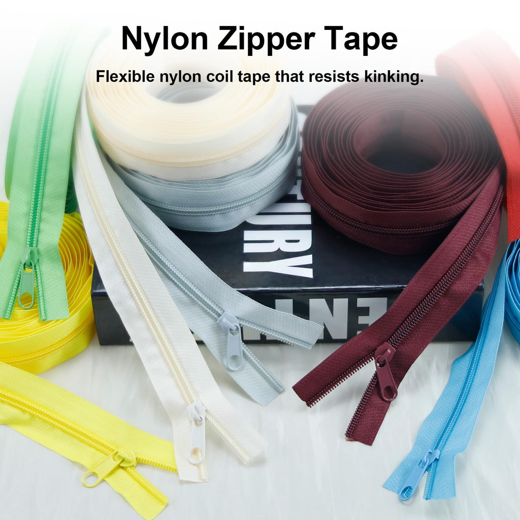 Cinta de Cremallera de Nylon #3 para Costura: YZSFIRM 24 Yardas Serie Gris por Yarda Cremalleras de Bobina de Nylon para Manualidades de Costura DIY con 30 Deslizadores de Cremallera de Metal al Por