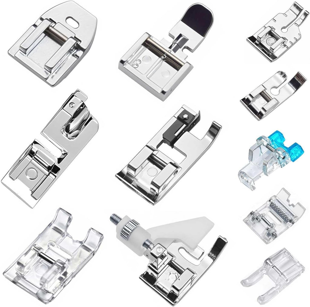 Kit de 11 pies prensatelas para máquina de coser, pies de dobladillo enrollado, pie con cremallera invisible para máquina de coser de vástago bajo, pies a presión compatibles con Singer