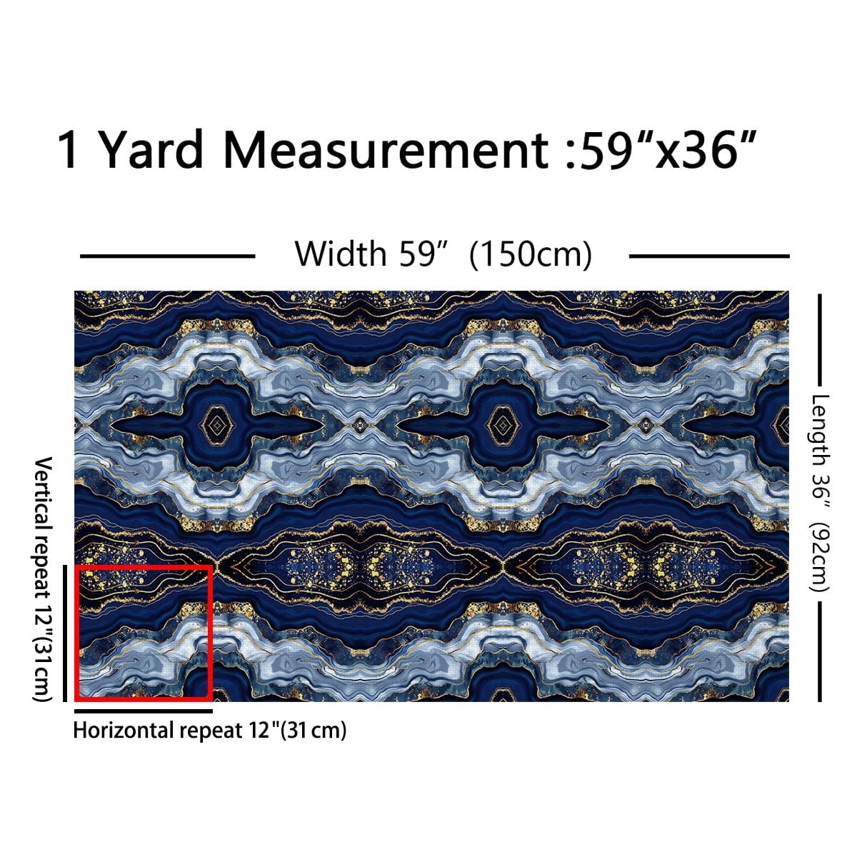 The Yard Gold Giltter Decorative Fabric in Navy Blue Marble Upholstery, Tie Dye Fluid Magma Hipster Outdoor Fabric for DIY Craft Patchwork, 1 Yard, Multicolor
