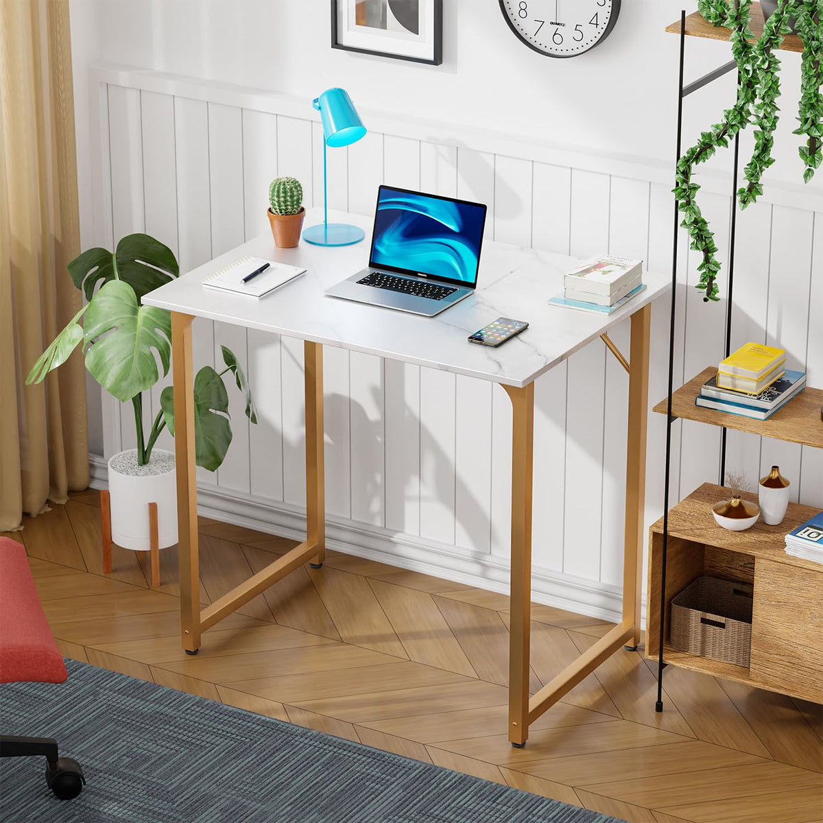 PayLessHere | Escritorio para computadora de 32 pulgadas | color café | Escritorio de oficina con estructura metálica, patas ajustables | Superficie resistente al agua y a los arañazos | Mesa de