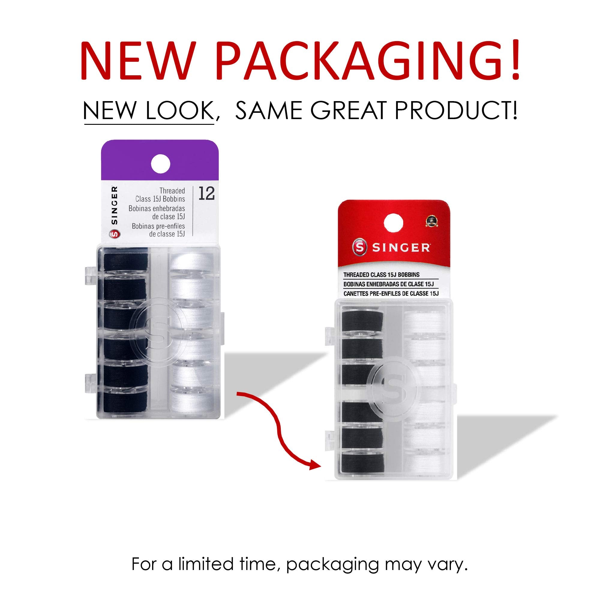 SINGER Class 15J Threaded Bobbins in Case, 12-Count, Black & White