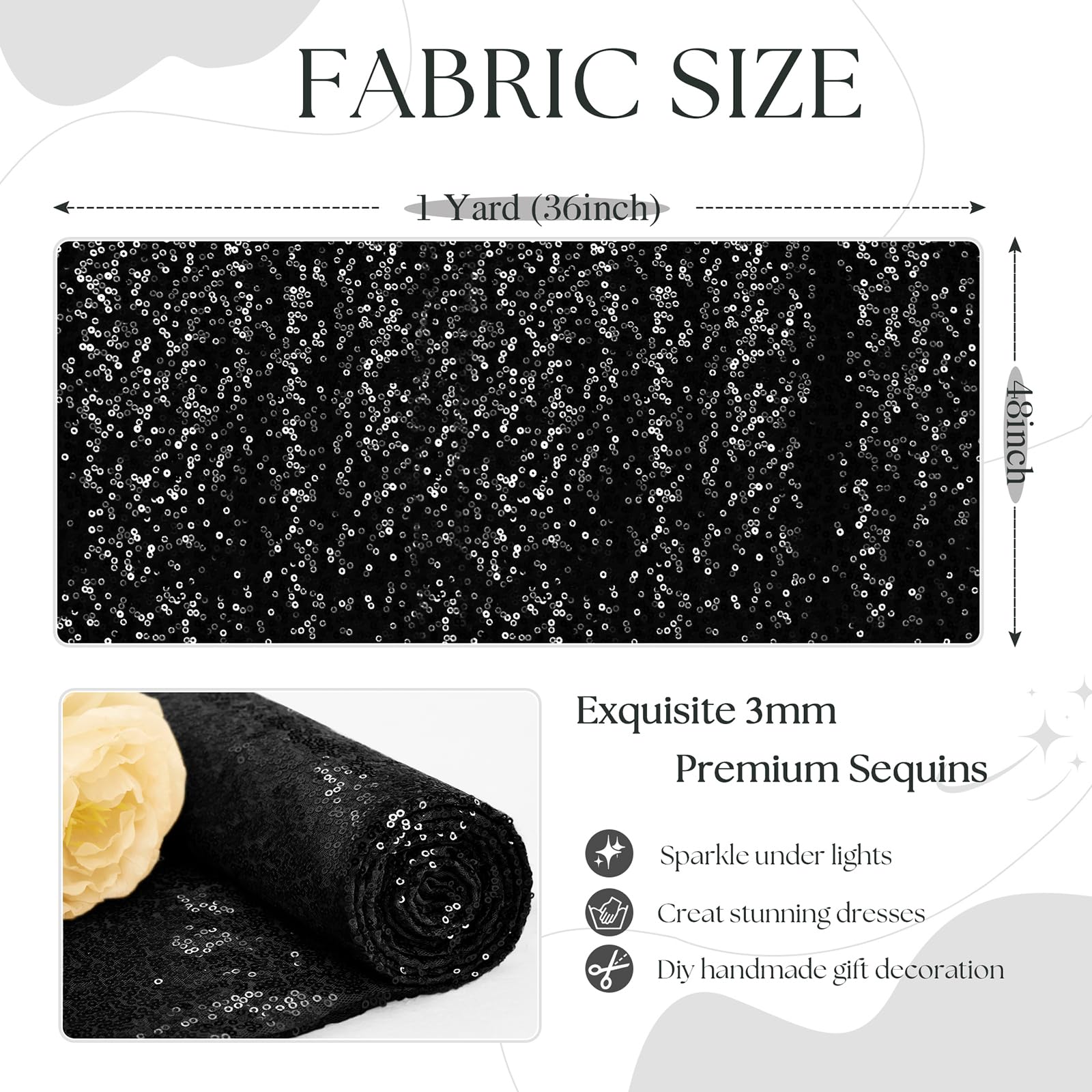 YPDY 1 Yard Black Sequin Fabric,48 Inch Width by The Yard,Sparkly Glitter Material for Xmas Decor Tablecloths Wedding Decor and DIY Sewing Projects