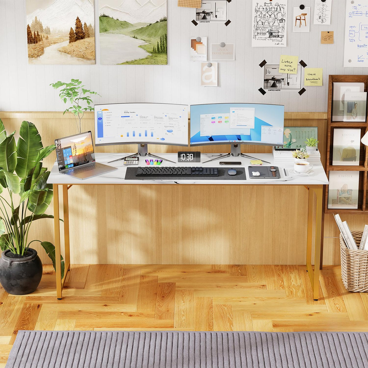 PayLessHere | Escritorio para computadora de 32 pulgadas | color café | Escritorio de oficina con estructura metálica, patas ajustables | Superficie resistente al agua y a los arañazos | Mesa de