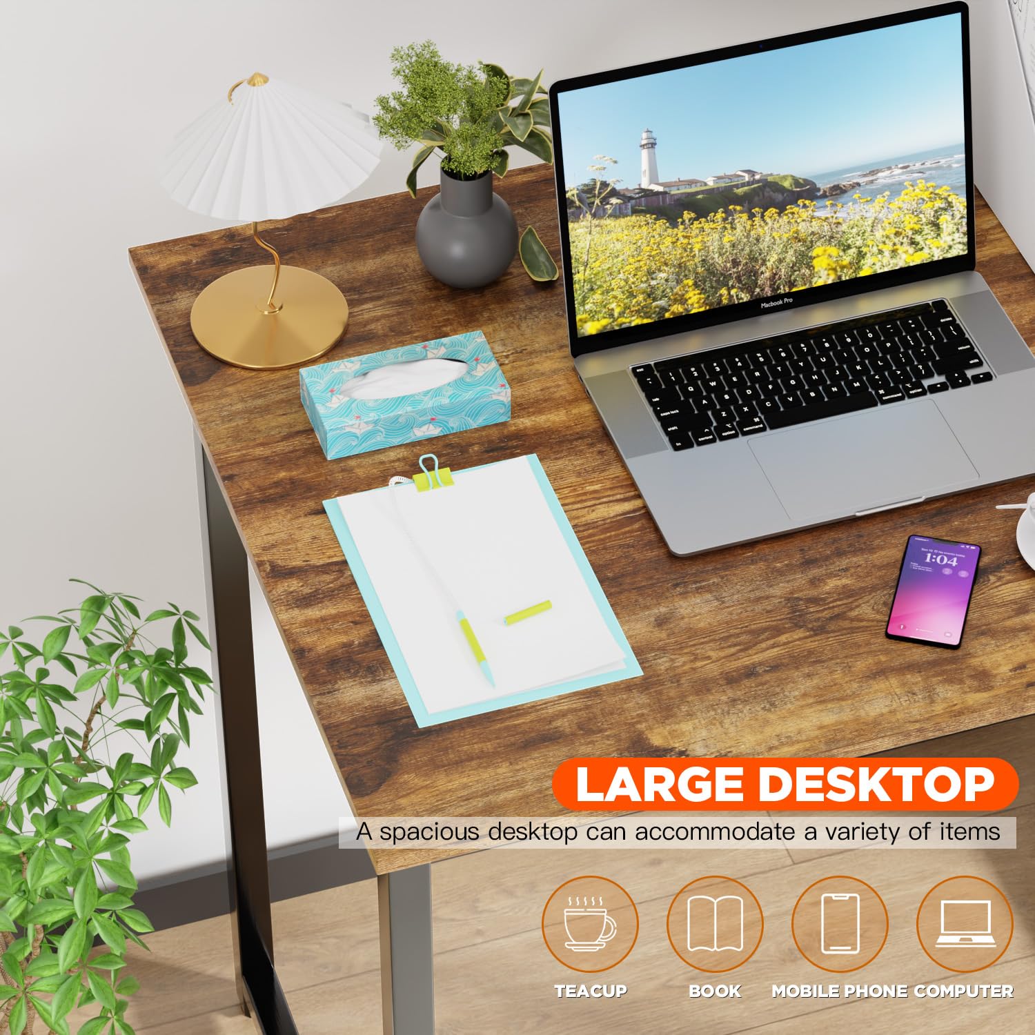 PayLessHere | Escritorio para computadora de 32 pulgadas | color café | Escritorio de oficina con estructura metálica, patas ajustables | Superficie resistente al agua y a los arañazos | Mesa de