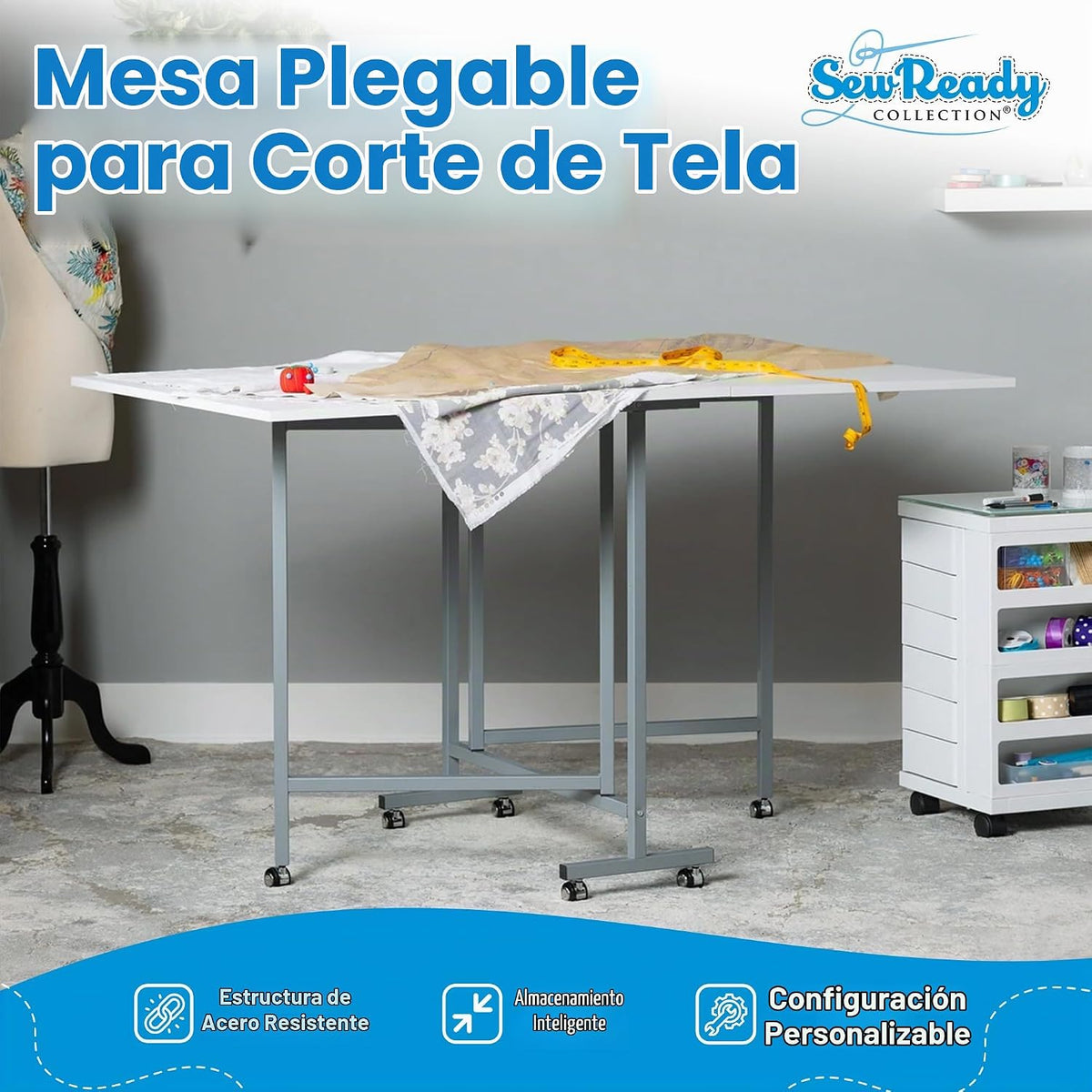 Sew Ready Mesa de pie plegable para manualidades y corte con ruedas, plata/blanco