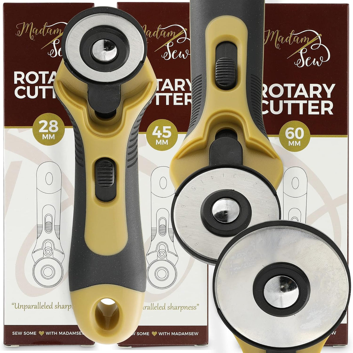 Madam Sew Cortador rotativo de 1.102 in para tela | Herramienta de corte de tela de precisión con hoja de acero de tungsteno y protector de seguridad | Herramienta giratoria de corte de tela para