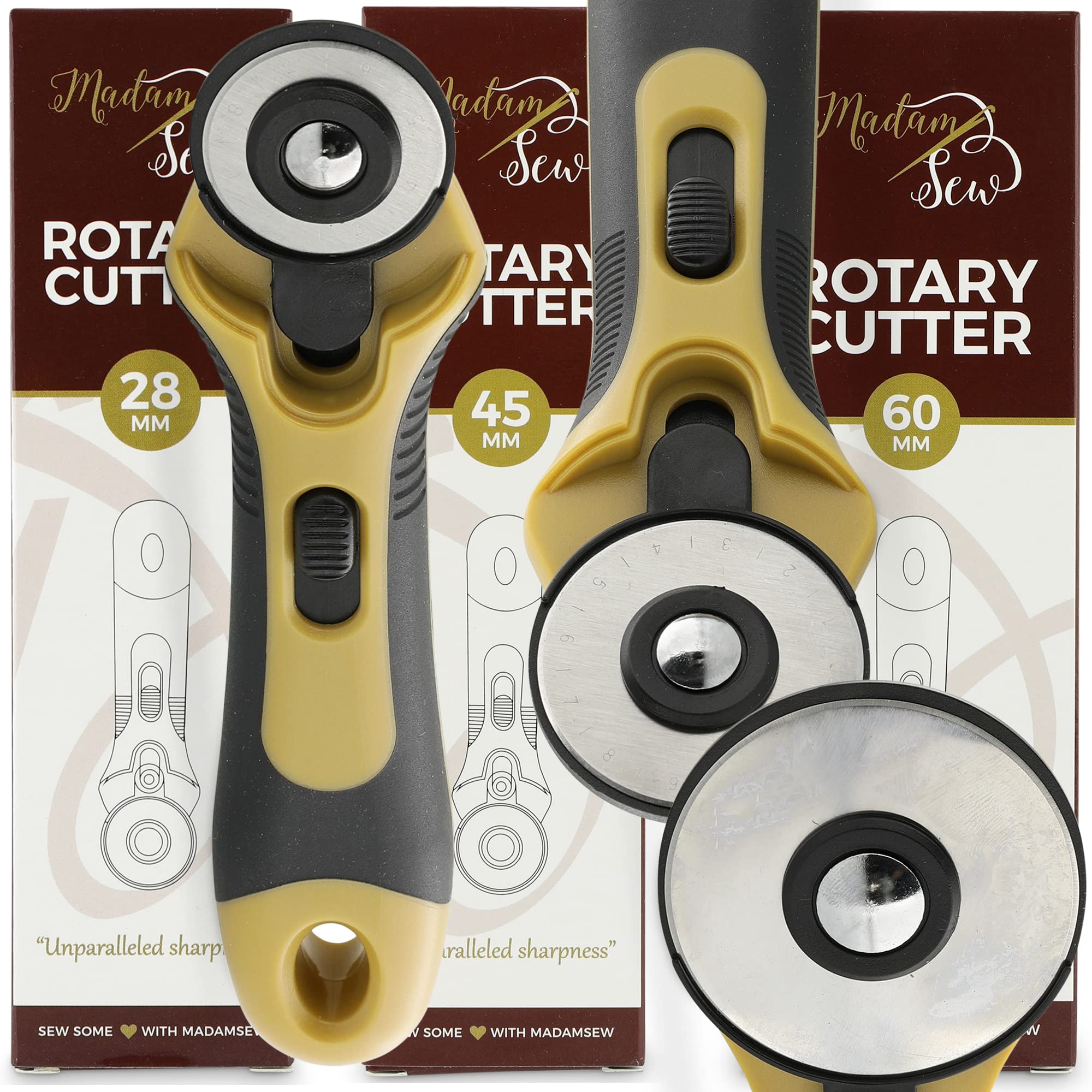 Madam Sew Cortador rotativo de 1.102 in para tela | Herramienta de corte de tela de precisión con hoja de acero de tungsteno y protector de seguridad | Herramienta giratoria de corte de tela para