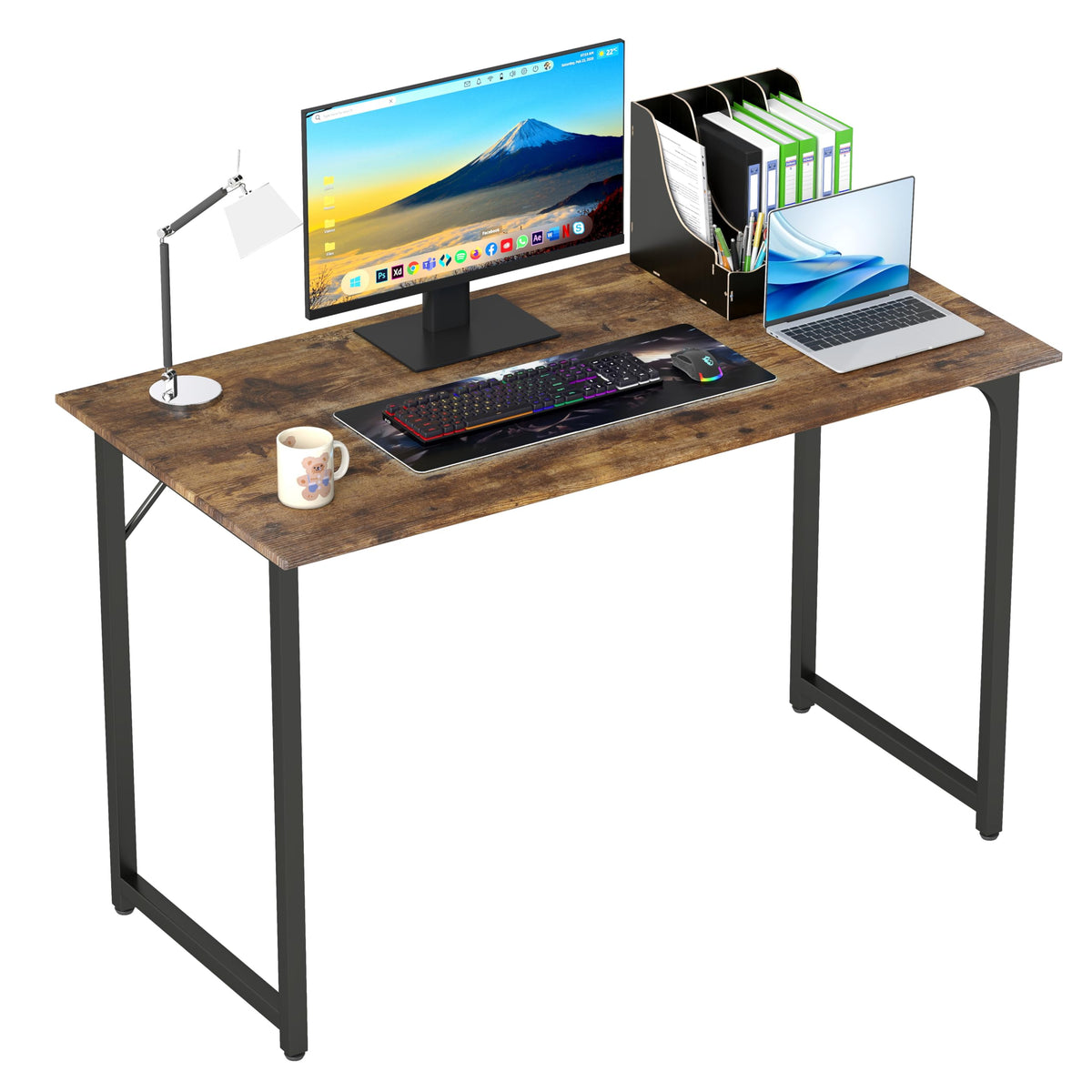 PayLessHere | Escritorio para computadora de 32 pulgadas | color café | Escritorio de oficina con estructura metálica, patas ajustables | Superficie resistente al agua y a los arañazos | Mesa de