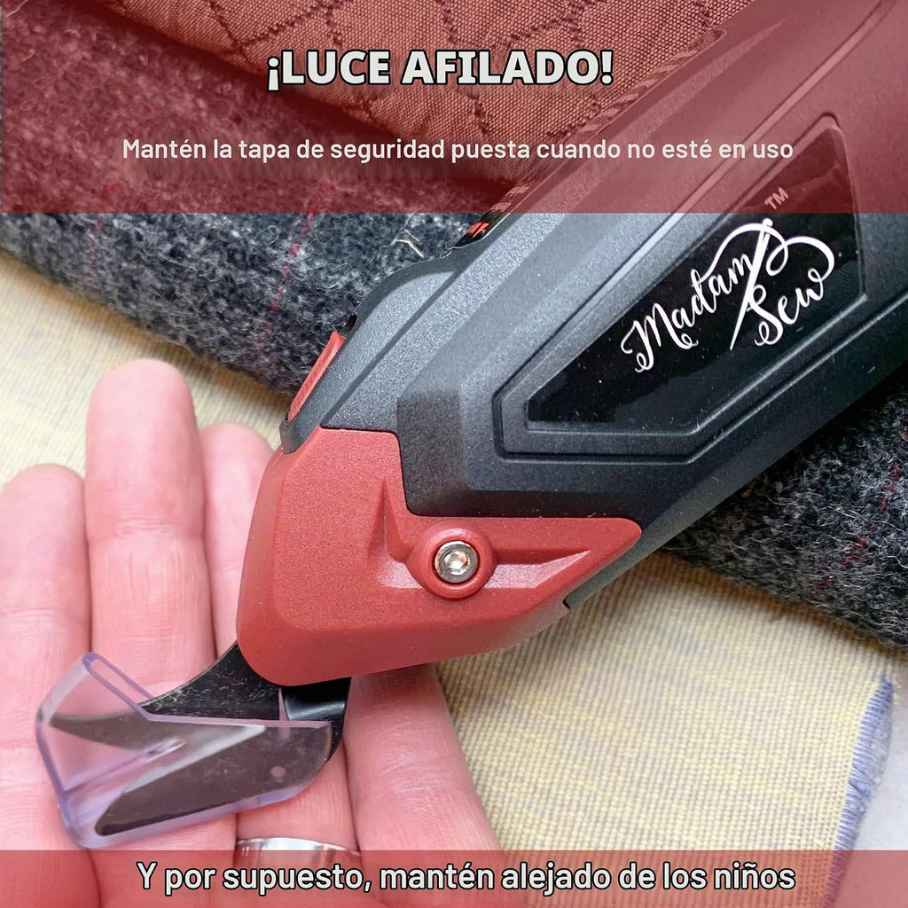 Madam Sew Tijeras eléctricas inalámbricas para corte de tela | Cortador eléctrico recargable de tela resistente con cuchillas de repuesto, agarre antideslizante | Tijeras eléctricas para cartón