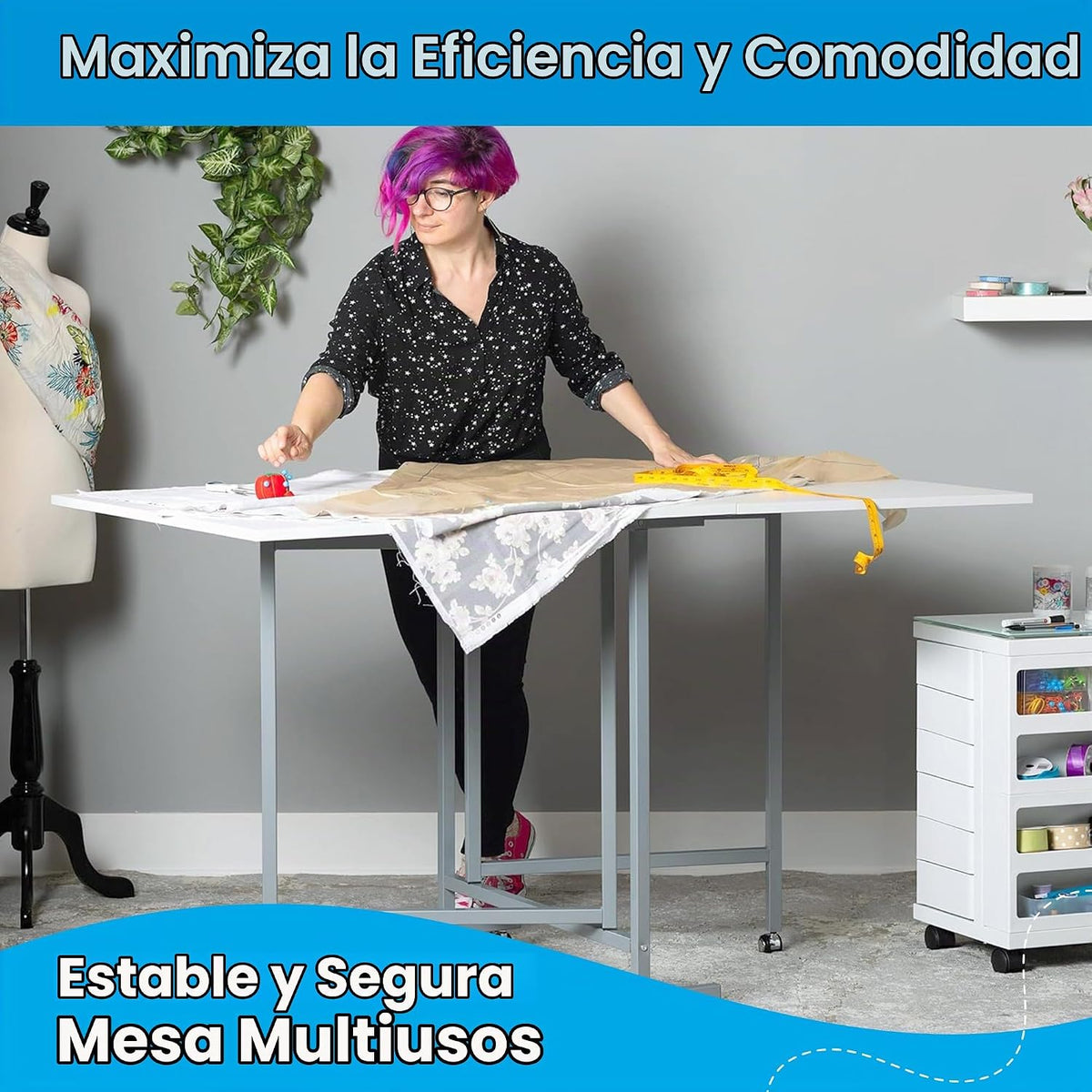 Sew Ready Mesa de pie plegable para manualidades y corte con ruedas, plata/blanco