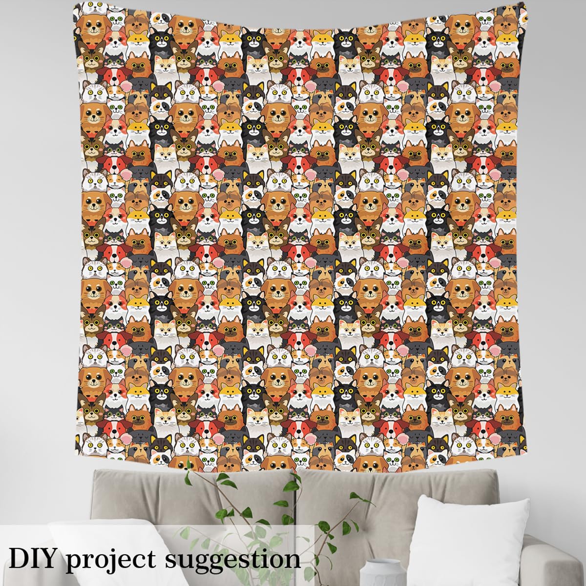 Cartoon Cats Upholstery Fabric By The Yard, Kawai Animals Decorative Fabric for Upholstery and Home DIY Projects, Cute Cat Print Soft Flannel, 1 Yard, Colorful