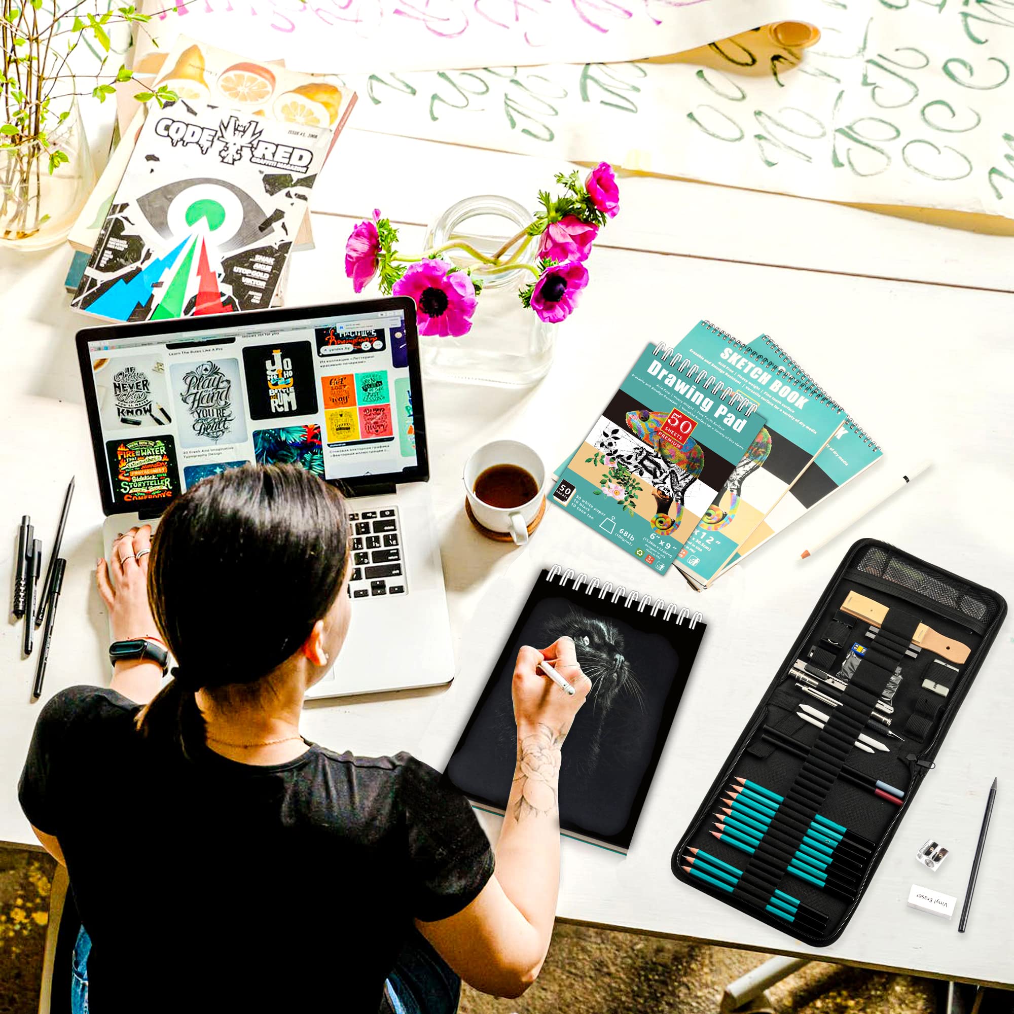 KALOUR 50 Pack Drawing Set Sketch Kit Pro