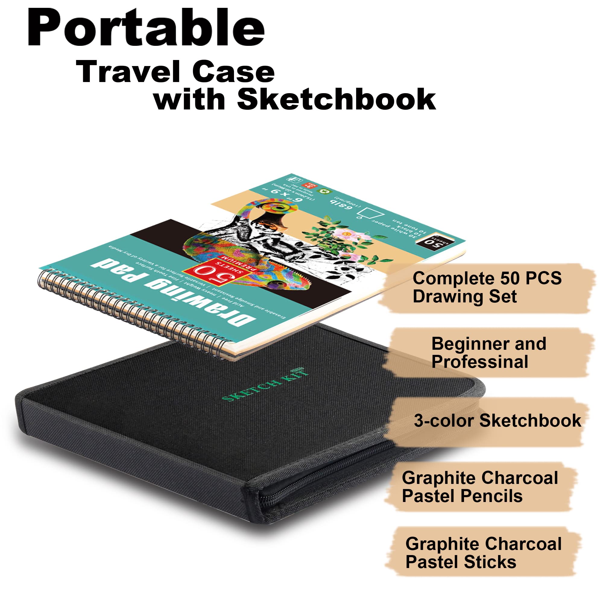 KALOUR 50 Pack Drawing Set Sketch Kit Pro