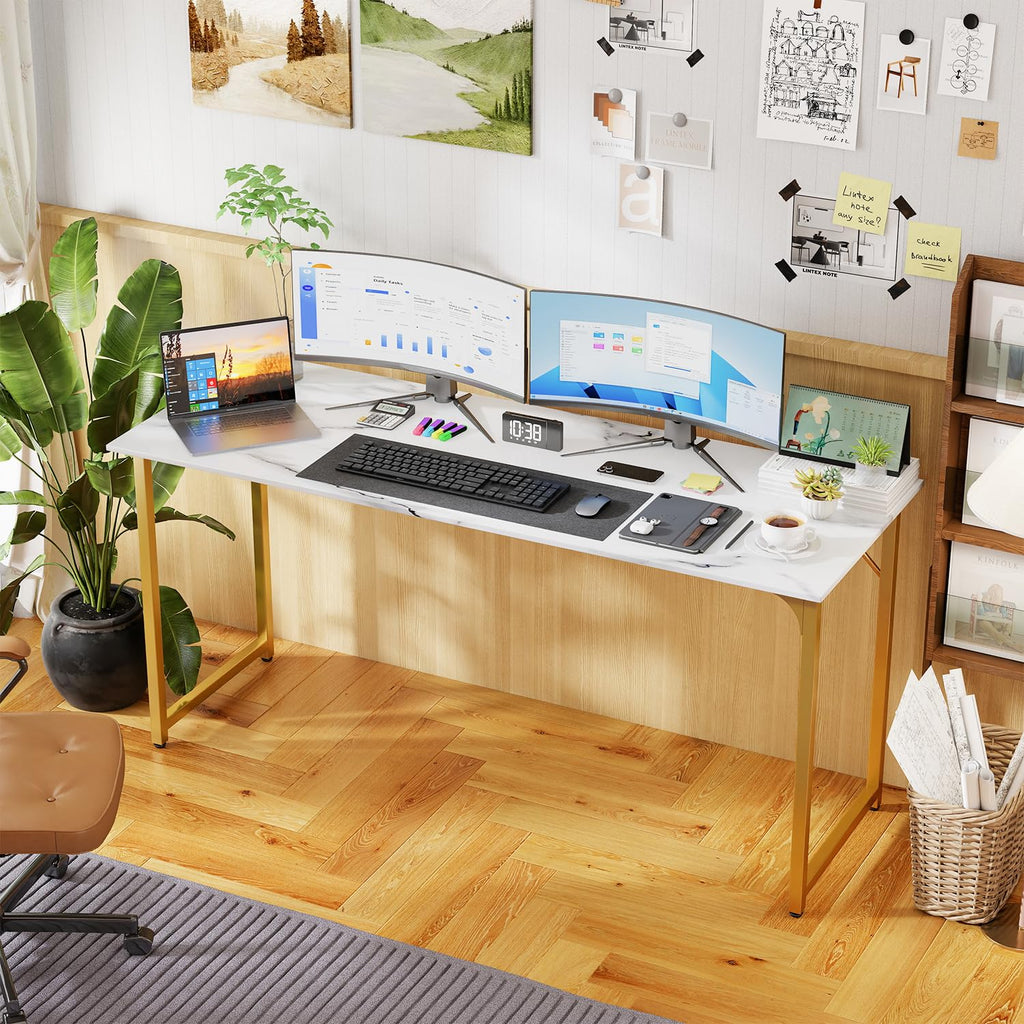 PayLessHere | Escritorio para computadora de 32 pulgadas | color café | Escritorio de oficina con estructura metálica, patas ajustables | Superficie resistente al agua y a los arañazos | Mesa de