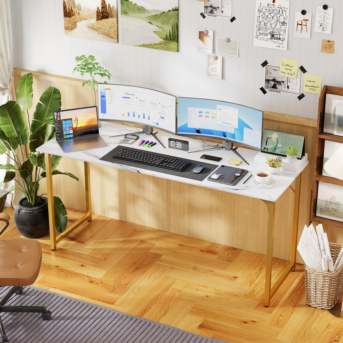 PayLessHere | Escritorio para computadora de 32 pulgadas | color café | Escritorio de oficina con estructura metálica, patas ajustables | Superficie resistente al agua y a los arañazos | Mesa de