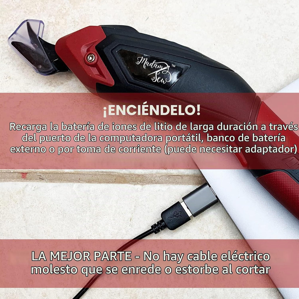 Madam Sew Tijeras eléctricas inalámbricas para corte de tela | Cortador eléctrico recargable de tela resistente con cuchillas de repuesto, agarre antideslizante | Tijeras eléctricas para cartón