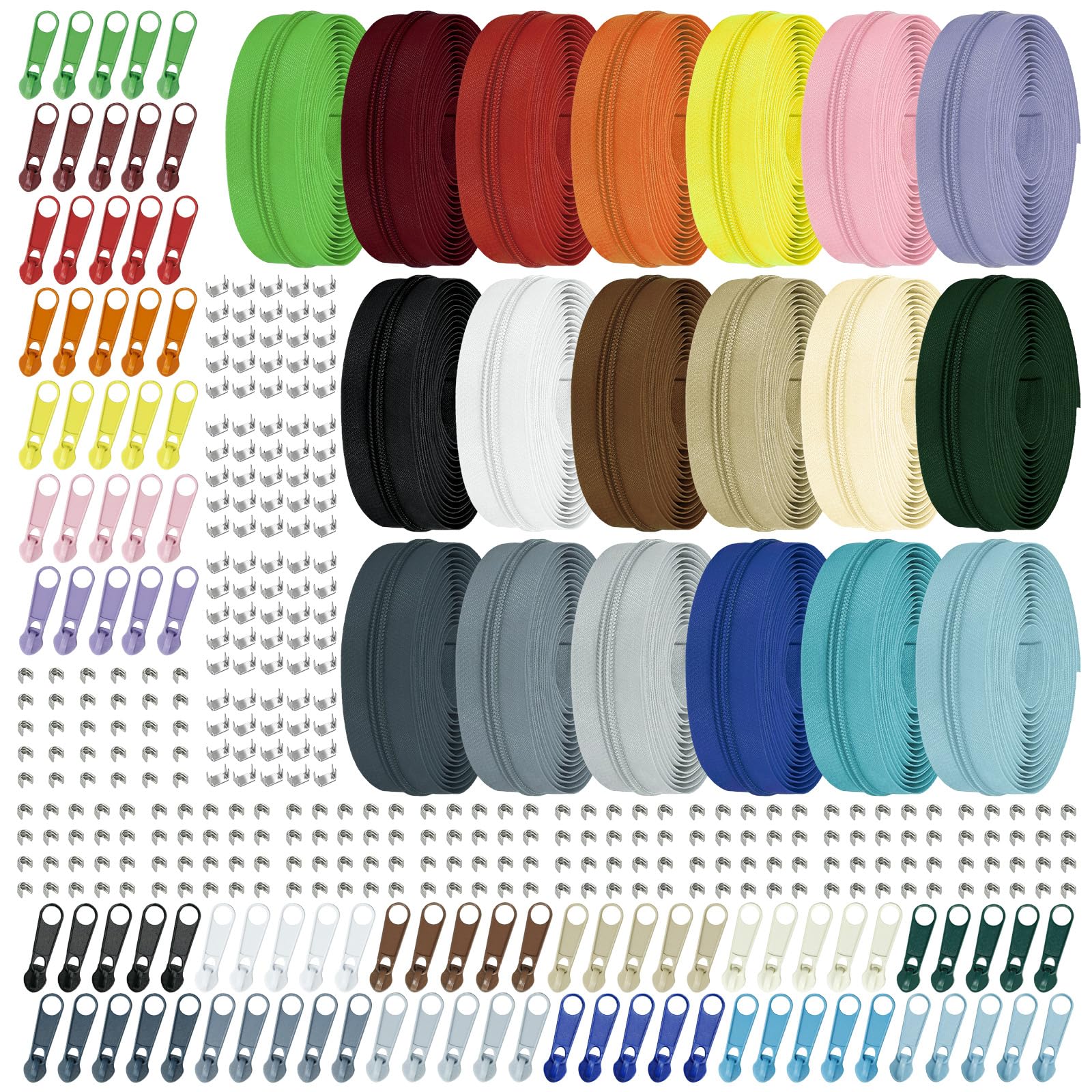 Cinta de Cremallera de Nylon #3 para Costura: YZSFIRM 24 Yardas Serie Gris por Yarda Cremalleras de Bobina de Nylon para Manualidades de Costura DIY con 30 Deslizadores de Cremallera de Metal al Por