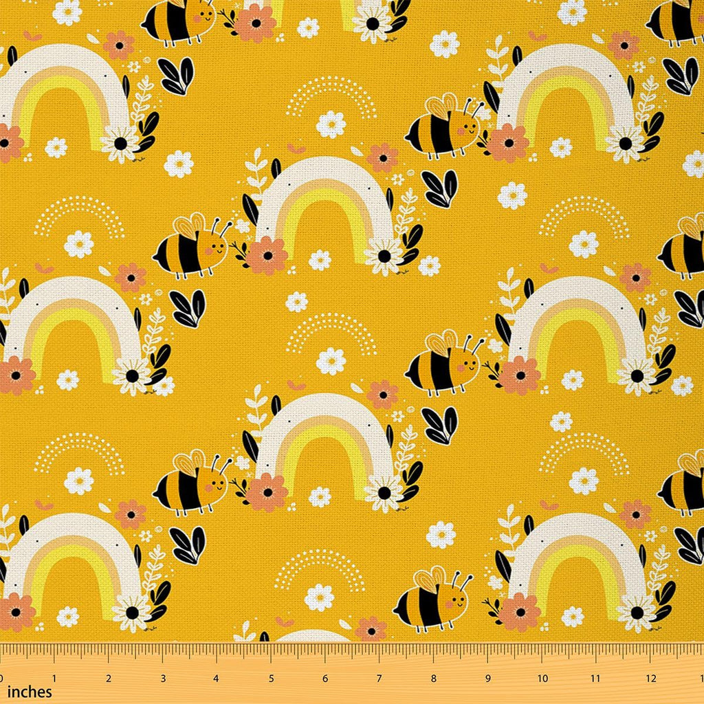 Rainbow Embrace Shine Decorative Fabric by The Yard - White Flower and Yellow Bee Upholstery, Garden Pastoral Style DIY Waterproof for Quilting Sewing, Yellow, 1 Yard