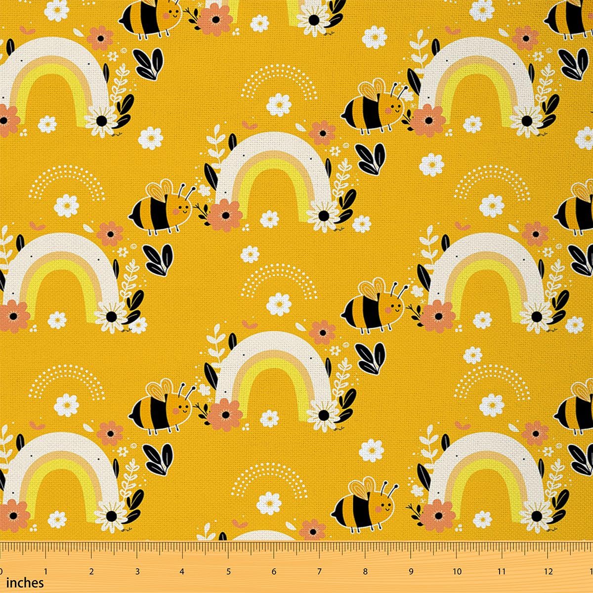 Rainbow Embrace Shine Decorative Fabric by The Yard - White Flower and Yellow Bee Upholstery, Garden Pastoral Style DIY Waterproof for Quilting Sewing, Yellow, 1 Yard