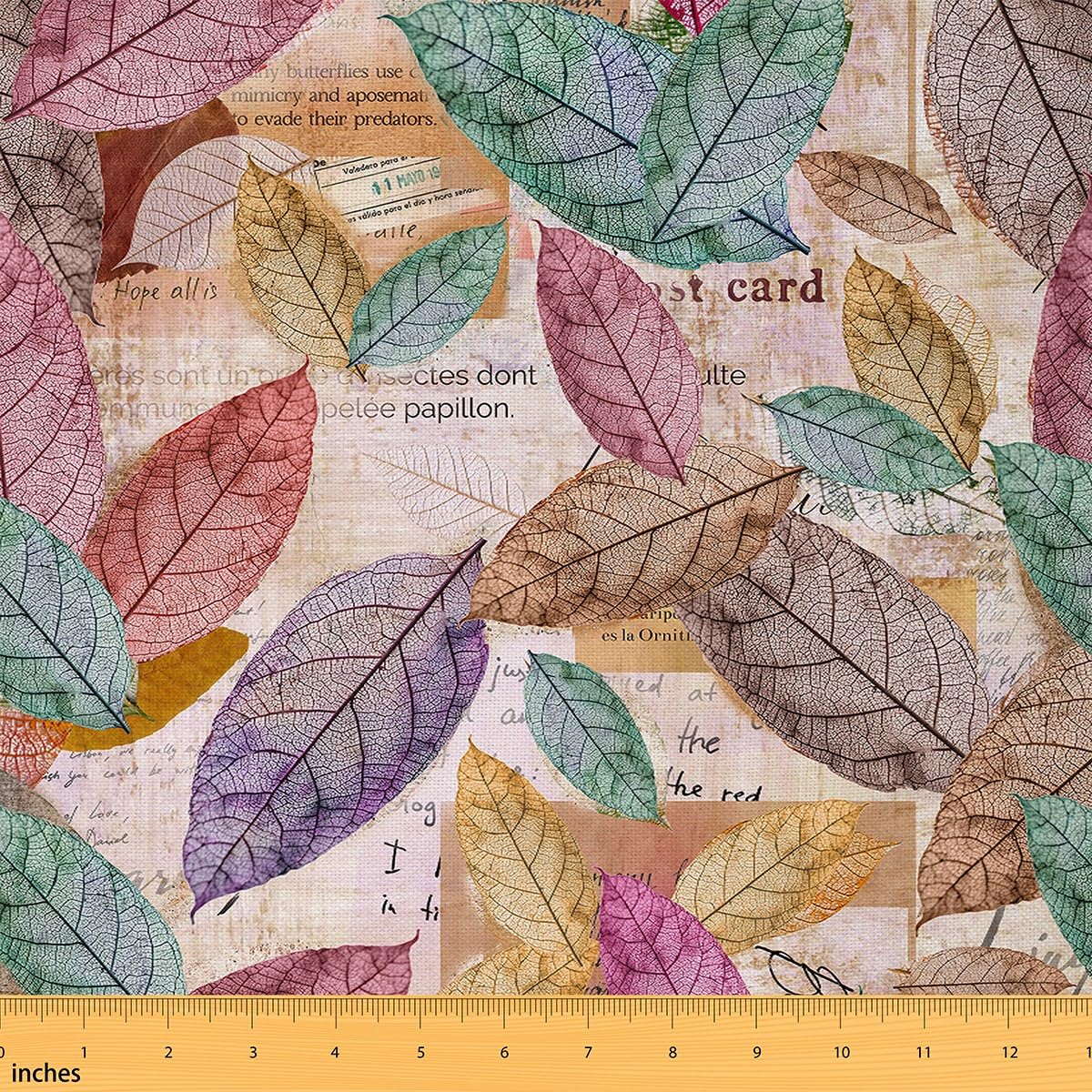 Castle Fairy Colorful Leaves Fabric by The Yard,Village Country DIY Art Fabrics,Old Newspapers Print Decor Fabric,Autumn Fallen Leaves Soft Flannel Polyester No Stretch Fabric,1 Yard,36" L x 59" W