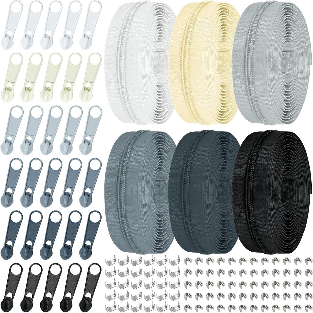 Cinta de Cremallera de Nylon #3 para Costura: YZSFIRM 24 Yardas Serie Gris por Yarda Cremalleras de Bobina de Nylon para Manualidades de Costura DIY con 30 Deslizadores de Cremallera de Metal al Por