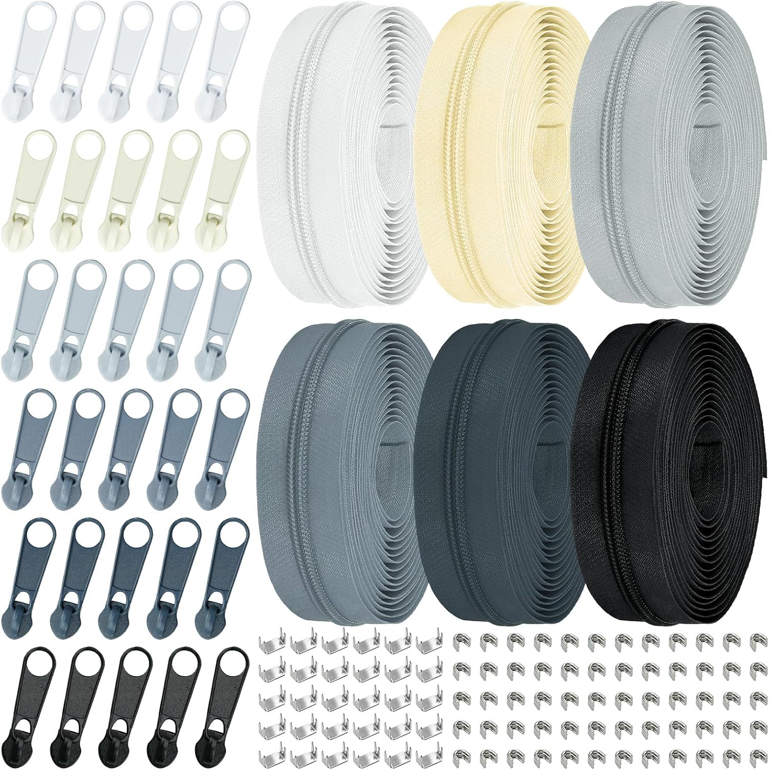 Cinta de Cremallera de Nylon #3 para Costura: YZSFIRM 24 Yardas Serie Gris por Yarda Cremalleras de Bobina de Nylon para Manualidades de Costura DIY con 30 Deslizadores de Cremallera de Metal al Por
