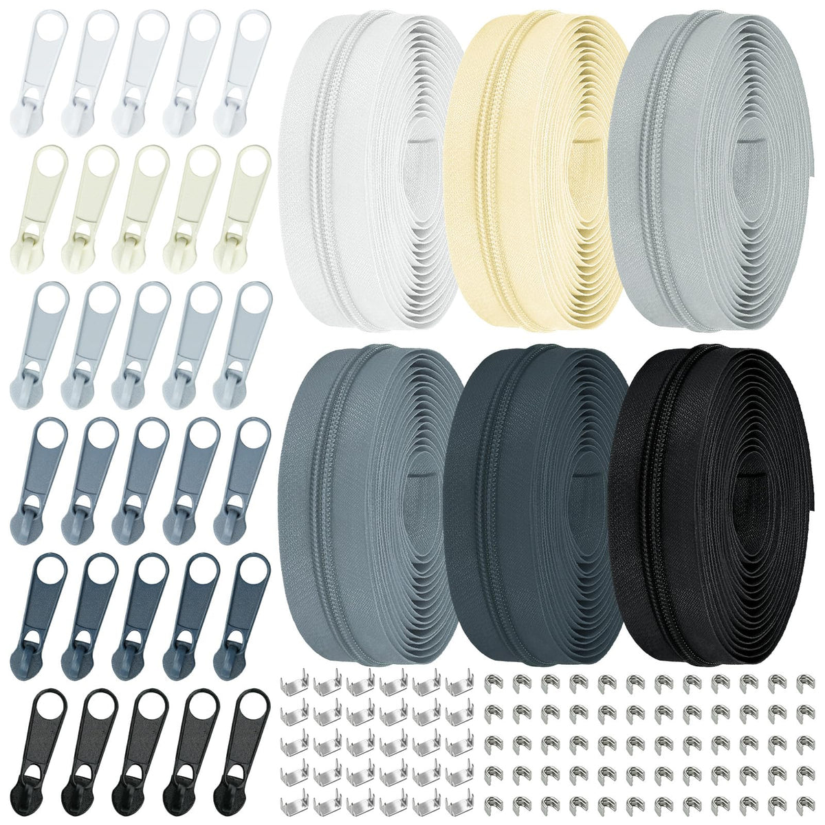 Cinta de Cremallera de Nylon #3 para Costura: YZSFIRM 24 Yardas Serie Gris por Yarda Cremalleras de Bobina de Nylon para Manualidades de Costura DIY con 30 Deslizadores de Cremallera de Metal al Por