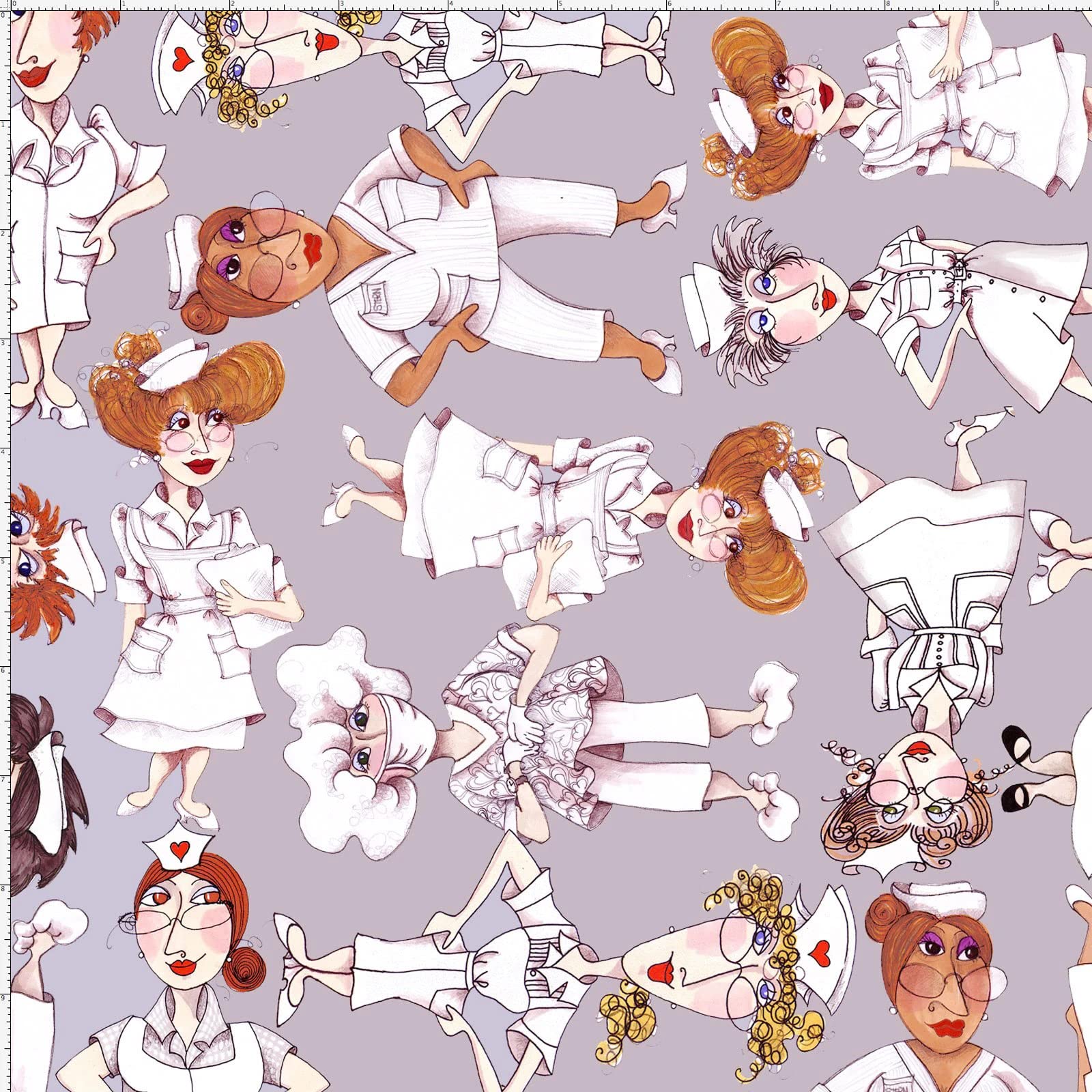 Loralie Designs Tossed Nurses Gray Fabric by The Yard for Quilting