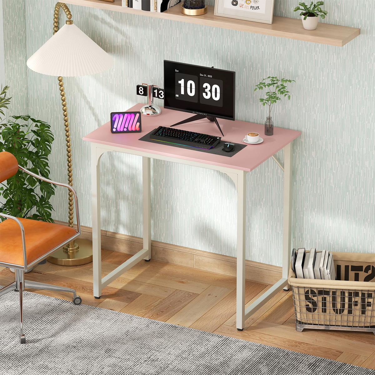 PayLessHere | Escritorio para computadora de 32 pulgadas | color café | Escritorio de oficina con estructura metálica, patas ajustables | Superficie resistente al agua y a los arañazos | Mesa de