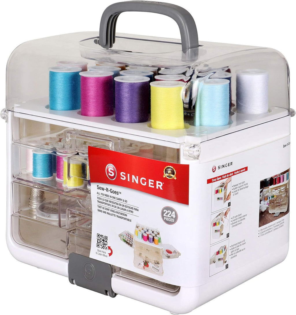 Singer Sew-It-Goes, 224 piezas, kit de costura y organizador de manualidades, estuche de costura con hilo de coser a máquina, color blanco