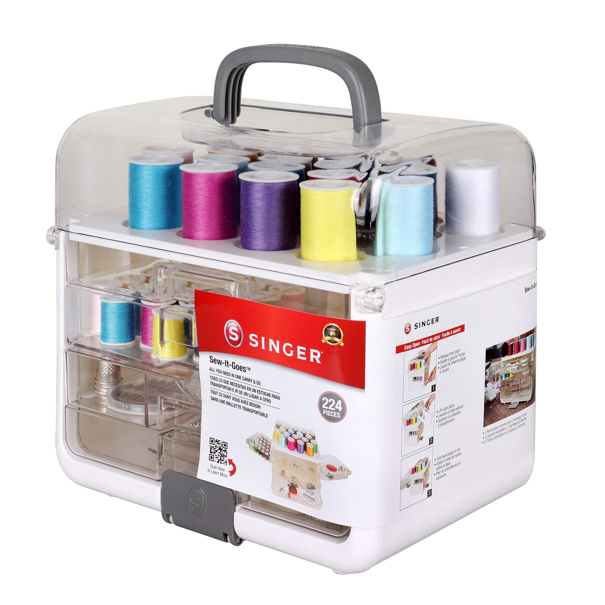 Singer Sew-It-Goes, 224 piezas, kit de costura y organizador de manualidades, estuche de costura con hilo de coser a máquina, color blanco