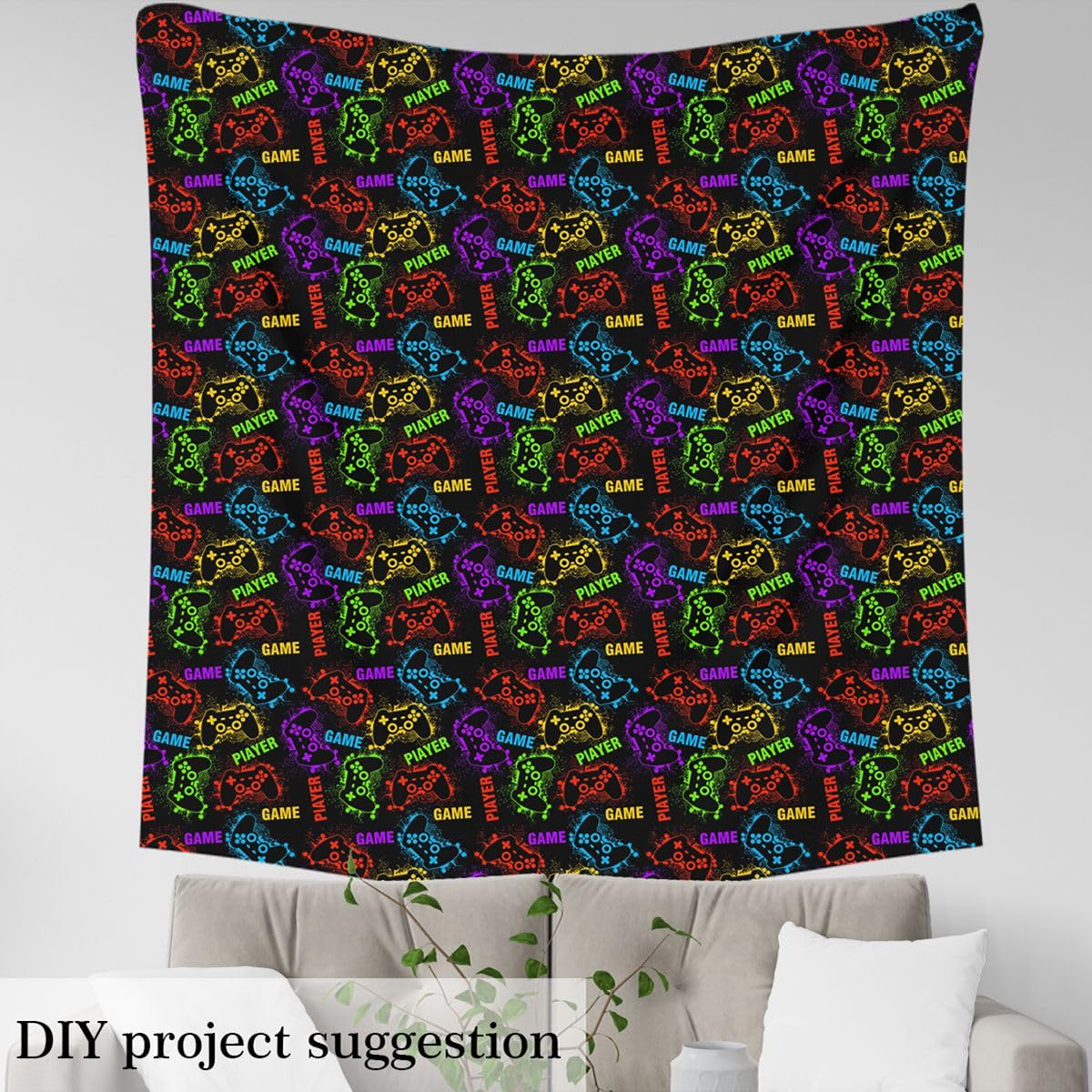 Gaming Fabric by The Yard Hippie Gamer Modern Gamepad Colorful Graffiti DIY Decorative Waterproof Fabric for Outdoor Quilting Sewing Sofa, 1 Yard,Multicolor