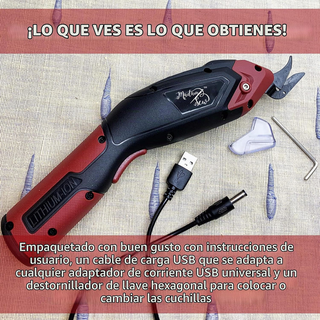 Madam Sew Tijeras eléctricas inalámbricas para corte de tela | Cortador eléctrico recargable de tela resistente con cuchillas de repuesto, agarre antideslizante | Tijeras eléctricas para cartón
