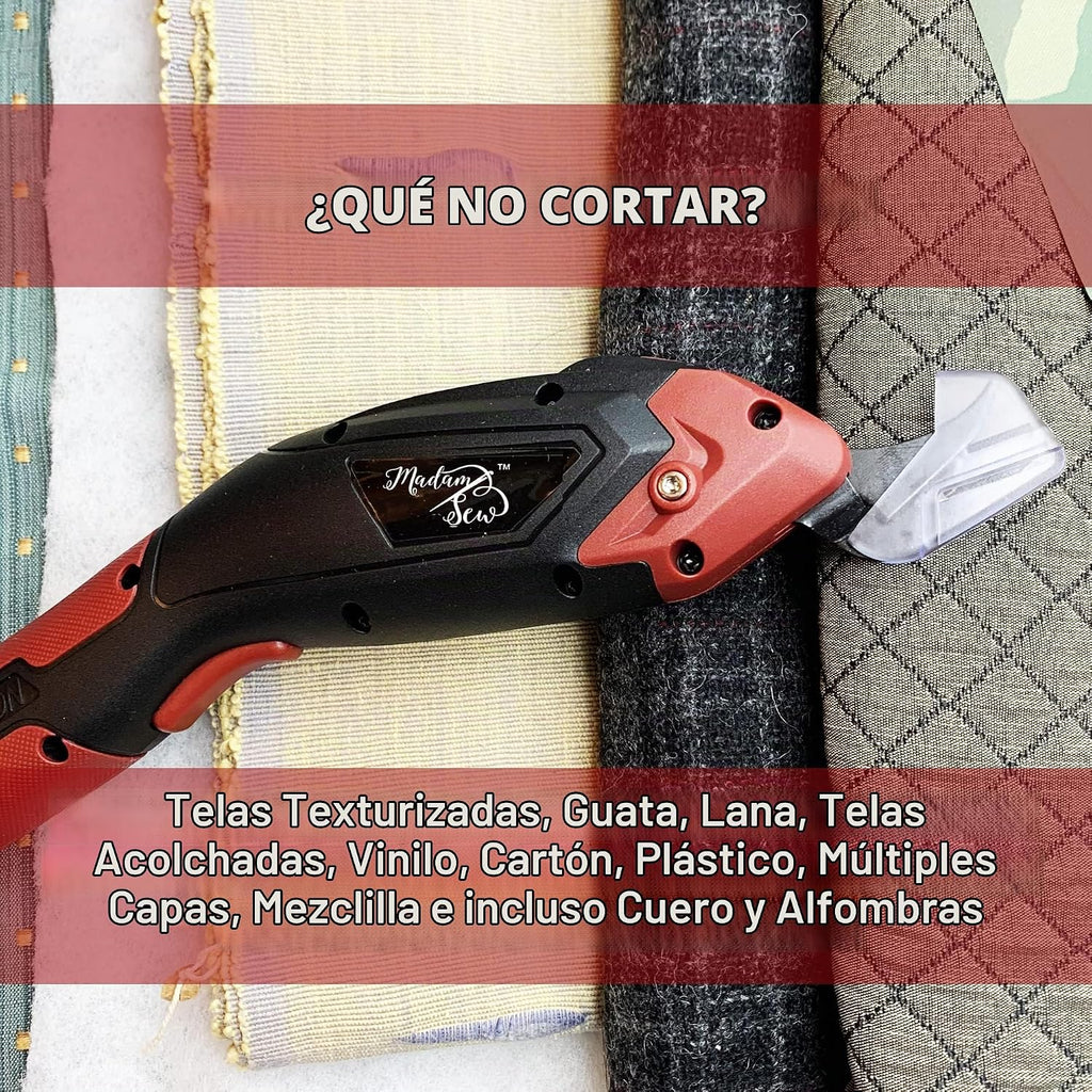 Madam Sew Tijeras eléctricas inalámbricas para corte de tela | Cortador eléctrico recargable de tela resistente con cuchillas de repuesto, agarre antideslizante | Tijeras eléctricas para cartón