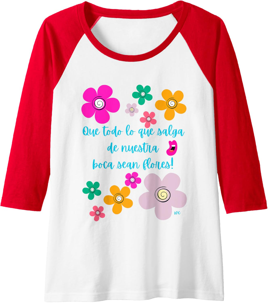 Que todo lo que salga de nuestra boca sean flores Raglan Baseball Tee, Negro -