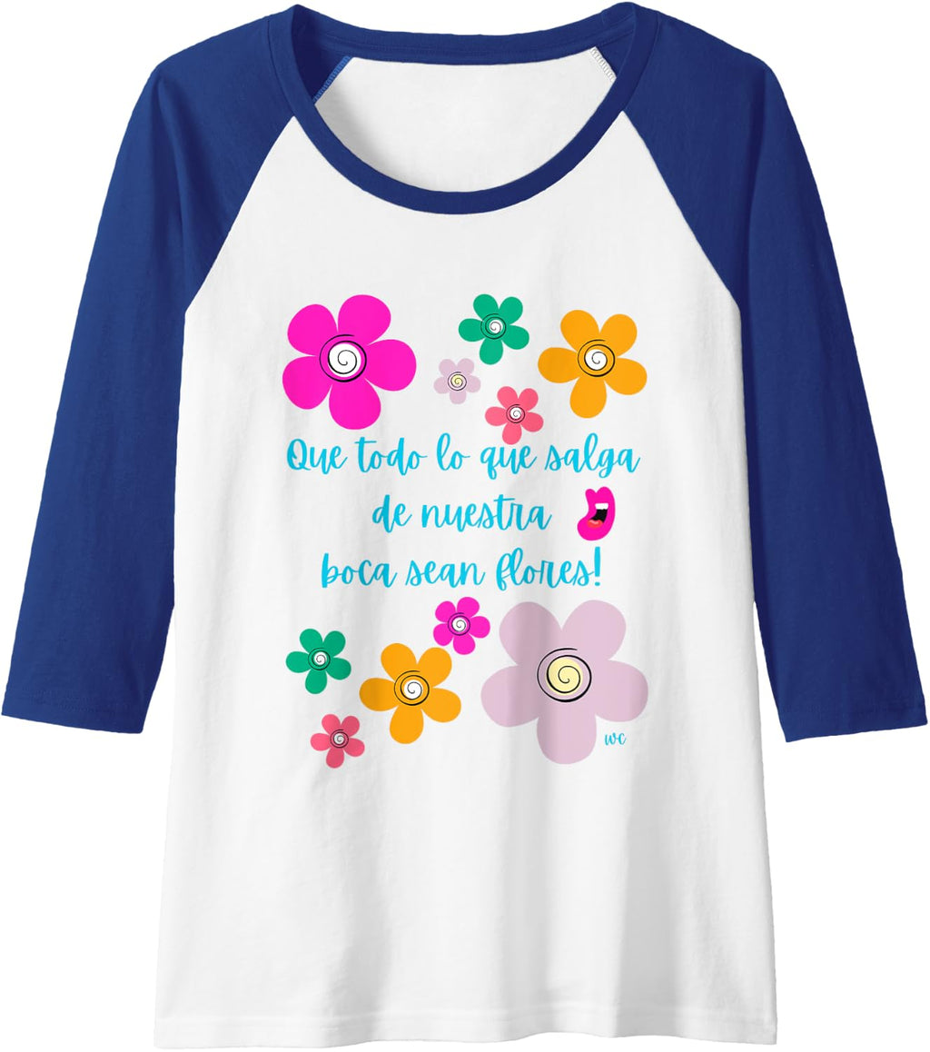 Que todo lo que salga de nuestra boca sean flores Raglan Baseball Tee, Negro -
