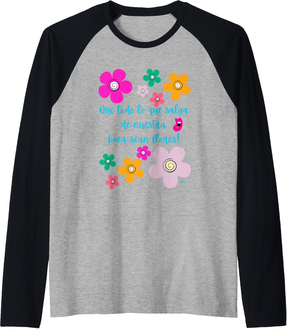 Que todo lo que salga de nuestra boca sean flores Raglan Baseball Tee, Negro -