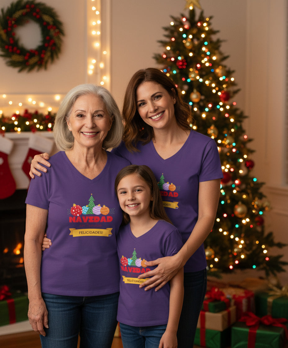 Womens Navidad en Familia V-Neck T-Shirt