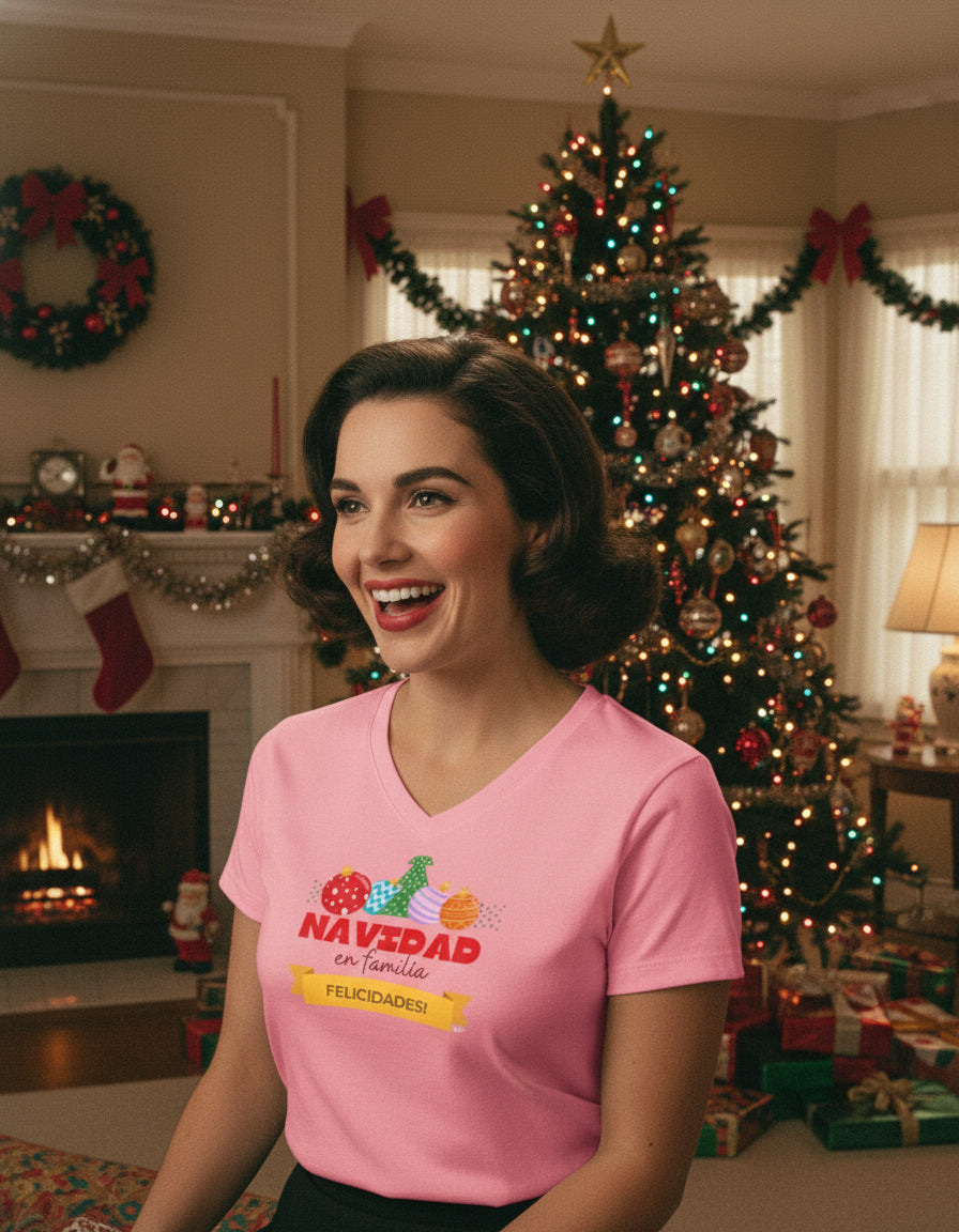Womens Navidad en Familia V-Neck T-Shirt