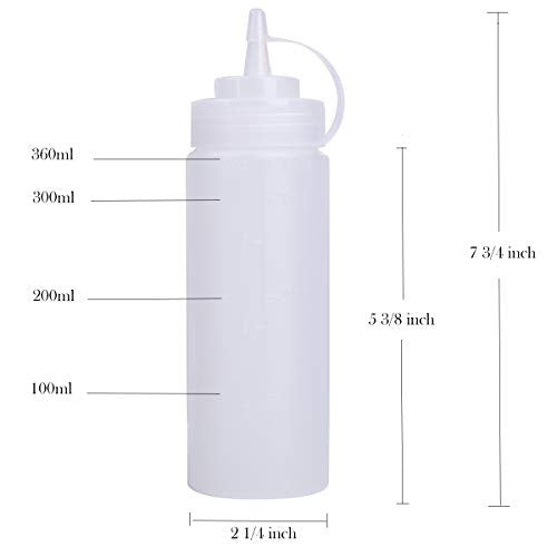 Bekith 12 pack 12 Oz Plastic Squeeze Condiment Bottles with Twist On Cap Lids and Discrete Measurements, Wide Mouth Empty Squirt Bottle For Sauce, Ketchup, BBQ, Dressing, Paint