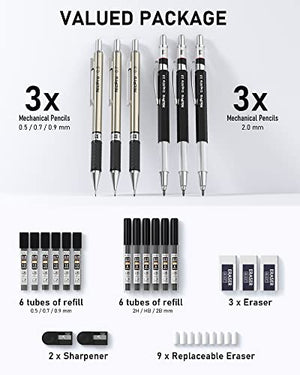 Nicpro 6PCS Art Mechanical Pencils Set, 3 PCS Metal Drafting Pencil 0.5 mm & 0.7 mm & 0.9 mm & 3 PCS 2mm Graphite Lead Holder (2B HB 2H) For Writing, Sketching Drawing With 12 Tube Lead Refills Case
