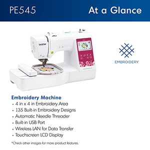 Brother PE545 Embroidery Machine, Wireless LAN Connected, 135 Built-in Designs, 4" x 4" Hoop Area, Large 3.7" LCD Touchscreen, USB Port, 10 Font Styles