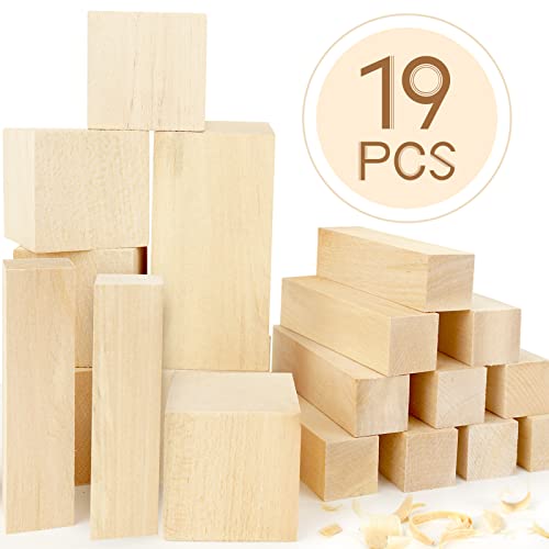 Basswood Carving Blocks, 19PCS Whittling Wood Blocks Wood Carving Kit with 3 Different Sizes, Bass Wood for Wood Carving Easy to Use, for Kids and Adults