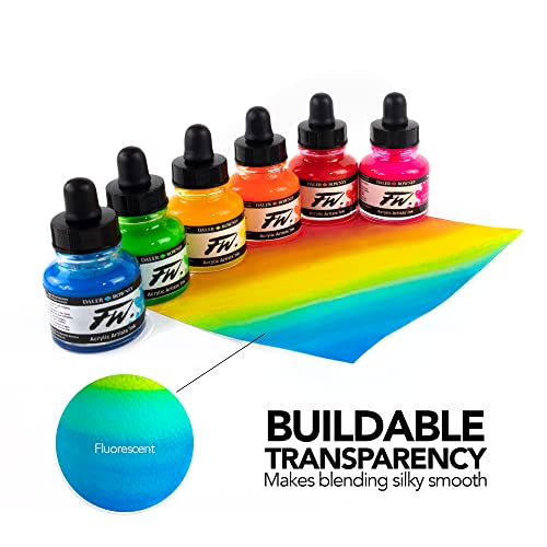 Daler-Rowney FW Acrylic Ink Bottle 6-Color Neon Set - Acrylic Set of Drawing Inks for Artists and Students - Permanent Art Ink Calligraphy Set - Calligraphy Ink for Color Mixing