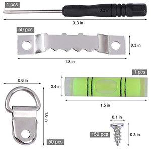 252 D Ring Picture Frame Hanger and Sawtooth Photo Hanging Hardware Set with Screws and Spirit Level Silver