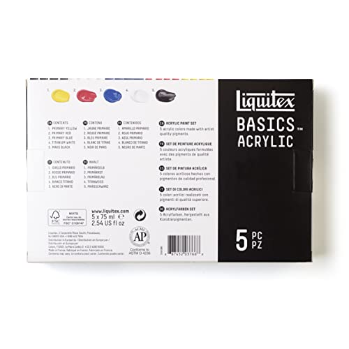 Liquitex BASICS Acrylic Paint Set, 5 x 75ml (2.4-oz) Tube Paint Set,2.5 Fl Oz (Pack of 5)