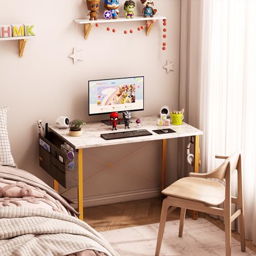 ODK 32 inch Small Computer Desk Study Table for Small Spaces Home Office Student Laptop PC Writing Desks with Storage Bag Headphone Hook, White Marble + Gold Leg