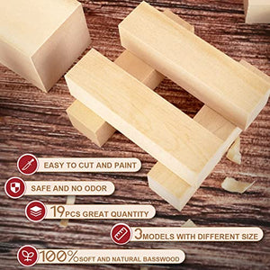 Basswood Carving Blocks, 19PCS Whittling Wood Blocks Wood Carving Kit with 3 Different Sizes, Bass Wood for Wood Carving Easy to Use, for Kids and Adults