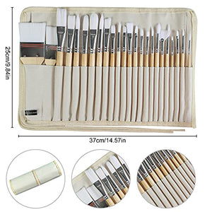 Paint Brushes Set of 24 Pieces Wooden Handles Brushes with Canvas Brush Case, Professional for Oil, Acrylic and Watercolor Painting